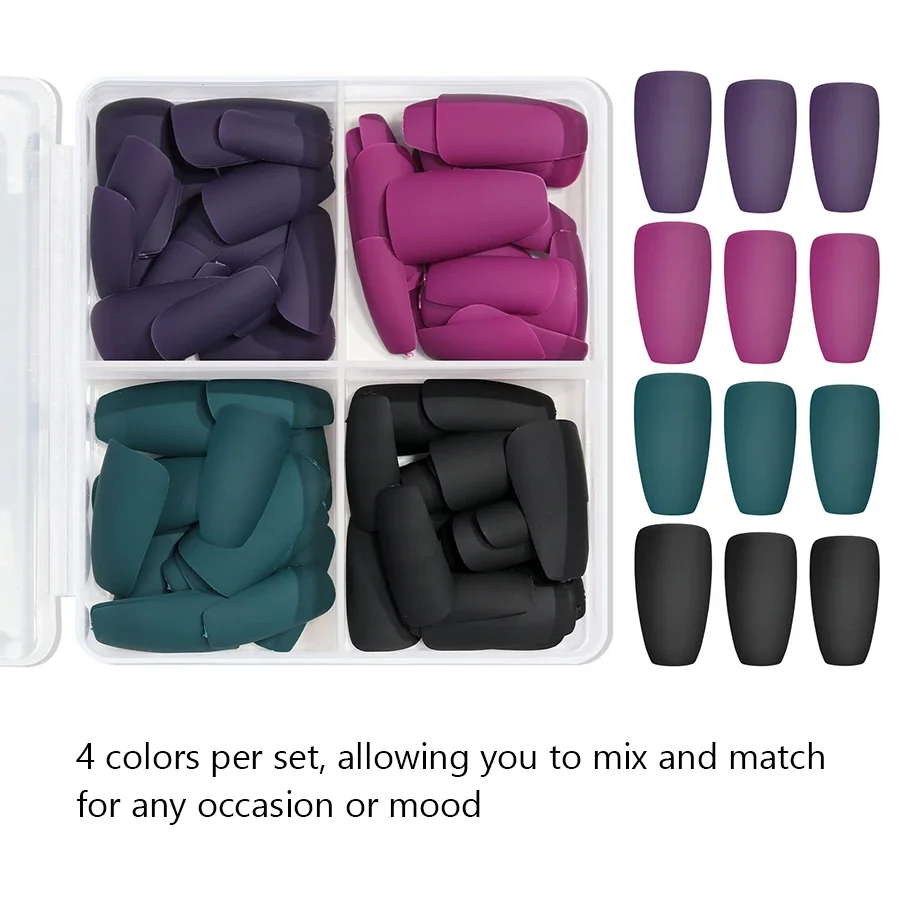 96 قطعة من الأظافر المزيفة ذات الغطاء الكامل القصير بلون سادة غير لامع، سهلة الاستخدام، أطراف أظافر وهمية للتقليم السريع