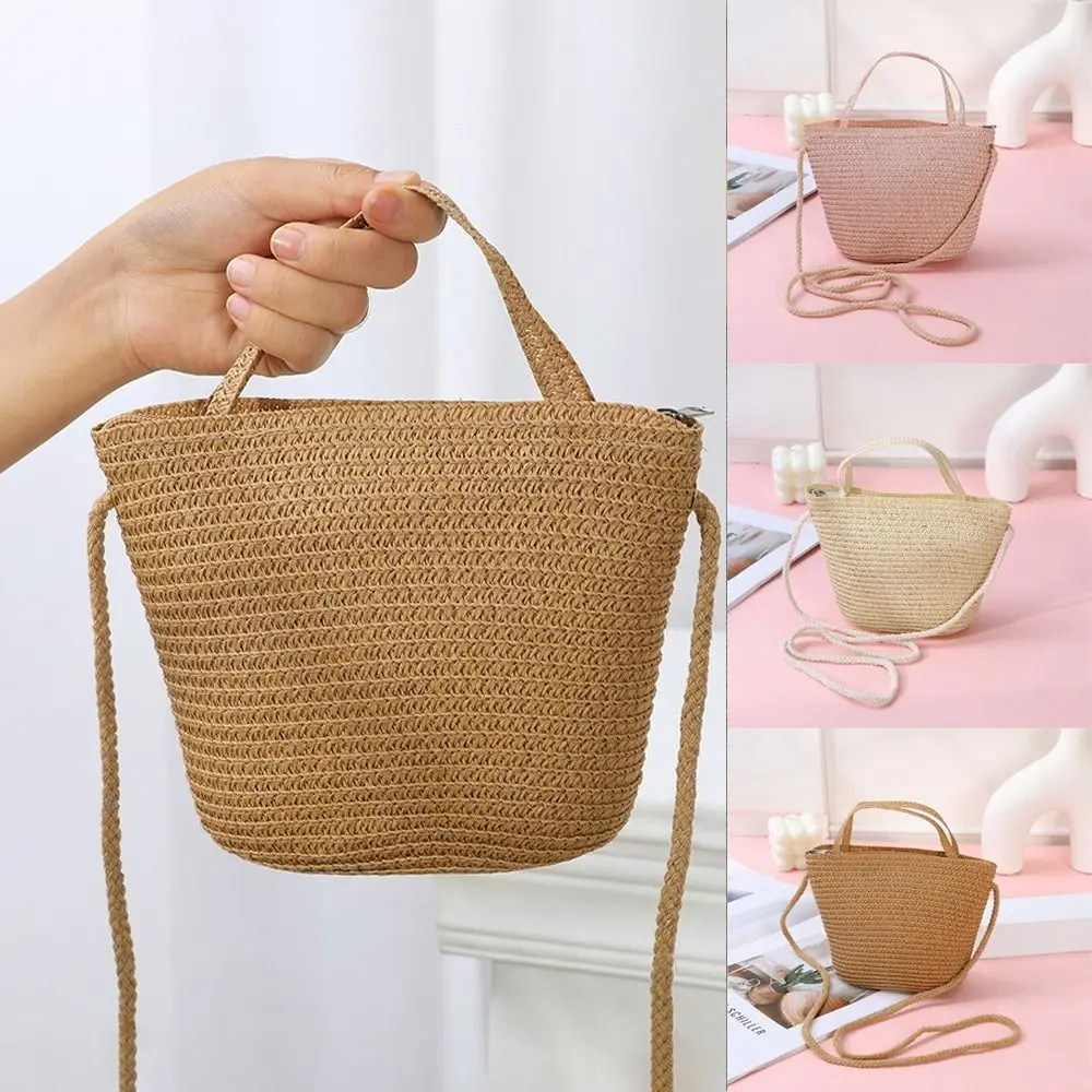 Fashion Straw Straw Bag Pure Color Handmade Straw Handbag Handbag Kid Children