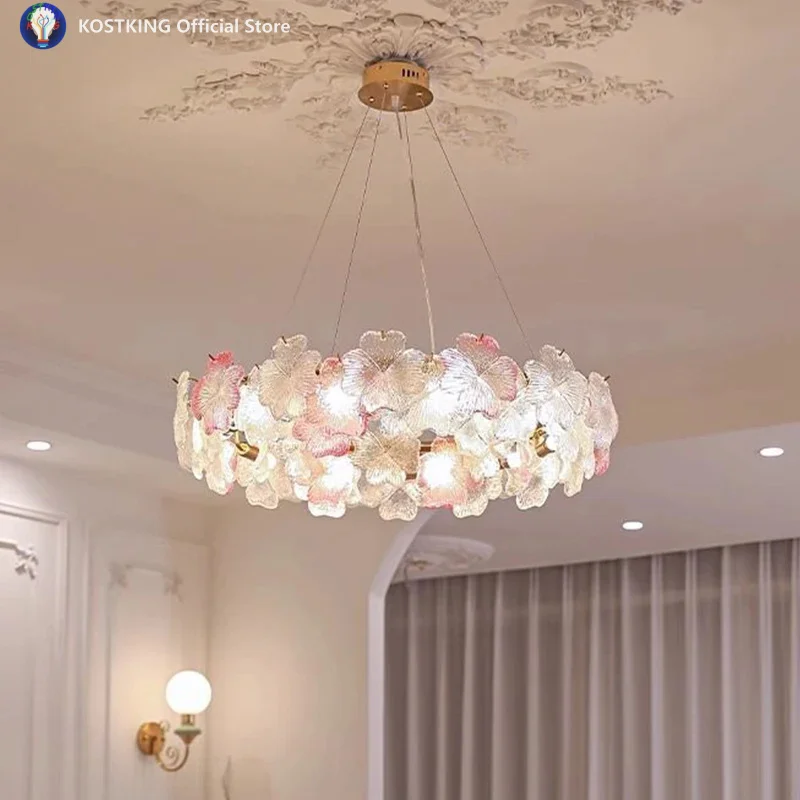 BOSSEN Pink Petal Glass Chandelier for Living Room, Dining Room Ceiling Chandelier with LED Bulb