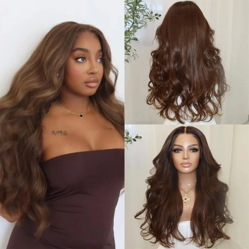 

Парик для вечеринок с эффектом омбре, темно-шоколадный с коричневыми прядями, синтетический, с HD-кружевной передней частью, для белых и чернокожих женщин, 13x4, без клея, низкой плотности