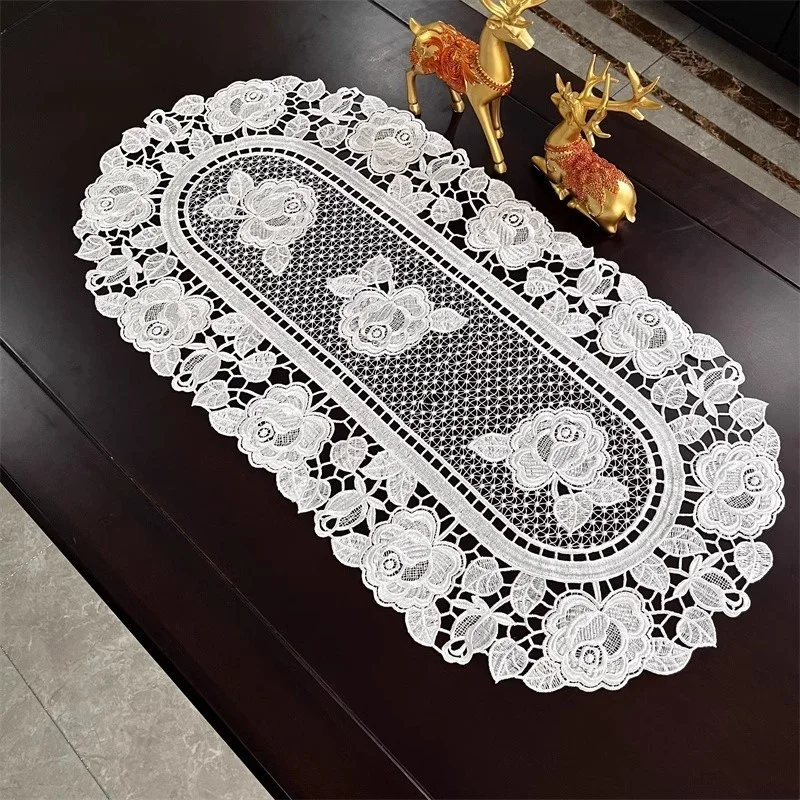 Vintage Pastoral White Crochet Oval Tablecloth Kitchen Dining Table Tea Set Living Room Office TV Wall Cabinet Dust Decoration