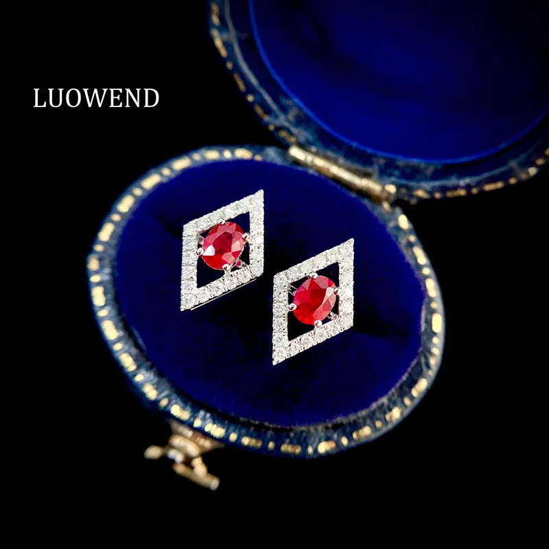 

LUOWEND 100% 18K White Gold Earrings Natural Diamond Natural Ruby Earrings for Women Fashion Geometric Design High Party Jewelry