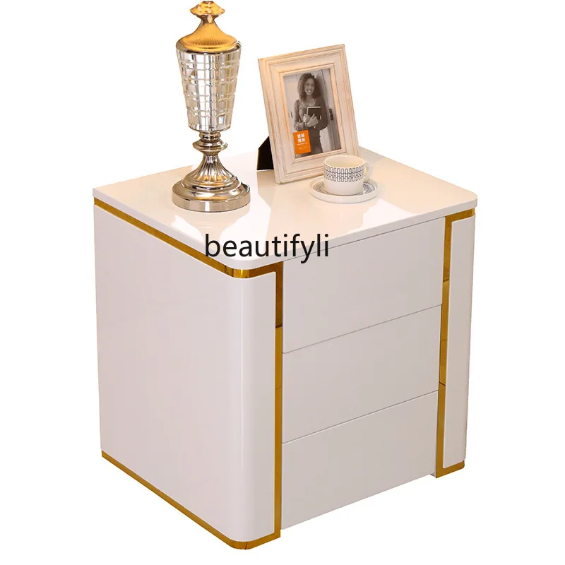 

Three-draw solid wood bedside table, paint light luxury Italian solid wood bedside table, living room locker
