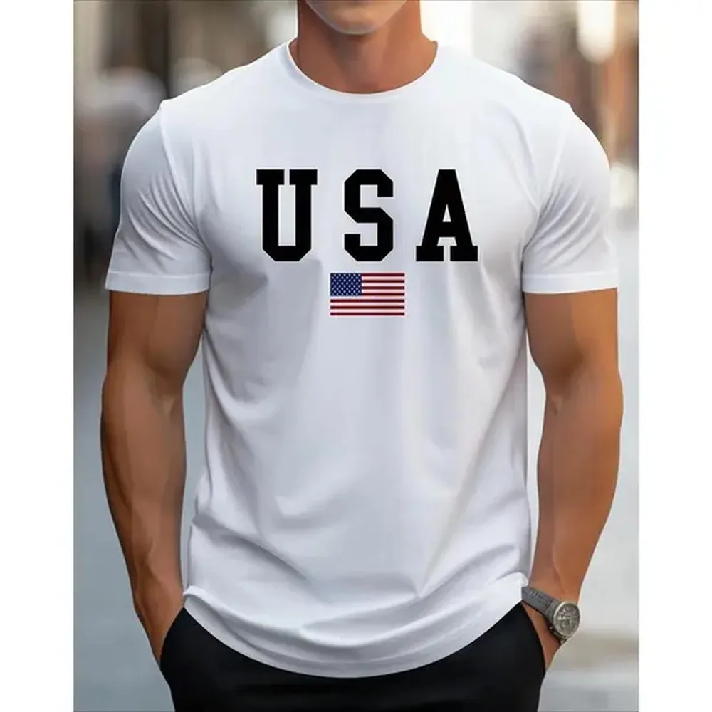 Men's Patriotic USA Flag Print Cotton Streetwear Tshirt - Casual Round Neck Short Sleeve Top, Slight Stretch Knit Fabric, Regular Fit All-Season Comfort, Menswear, Digital Print, American Patriotic Print Men's Short-Sleeve T-Shirts