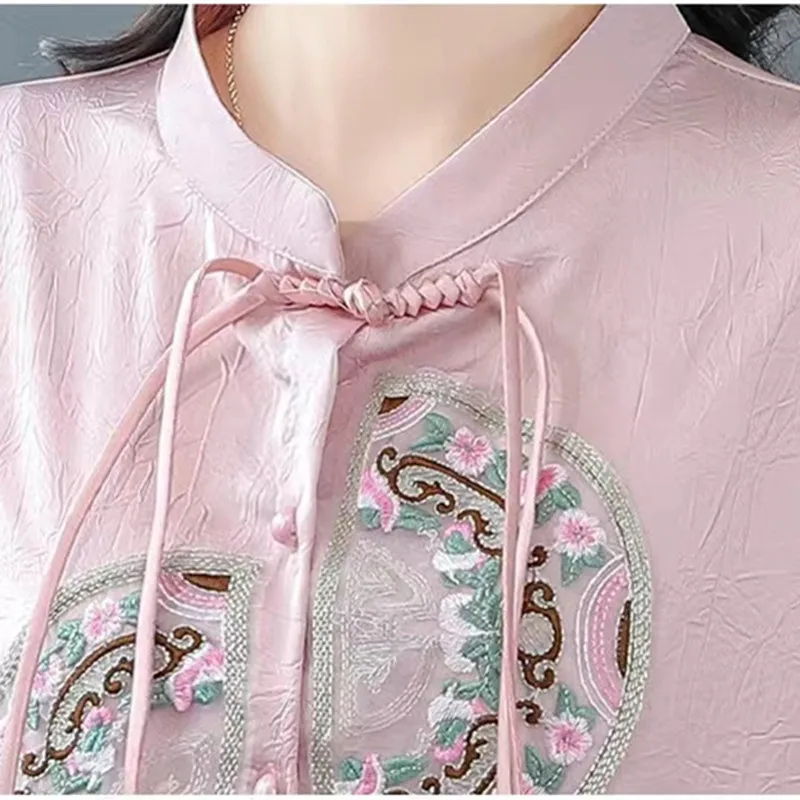 Chinese Style Vintage Embroidered Shirt Women Fashion Satin Stand Up Neck Button Slim Top Female Elegance Blouse Large Size 3012