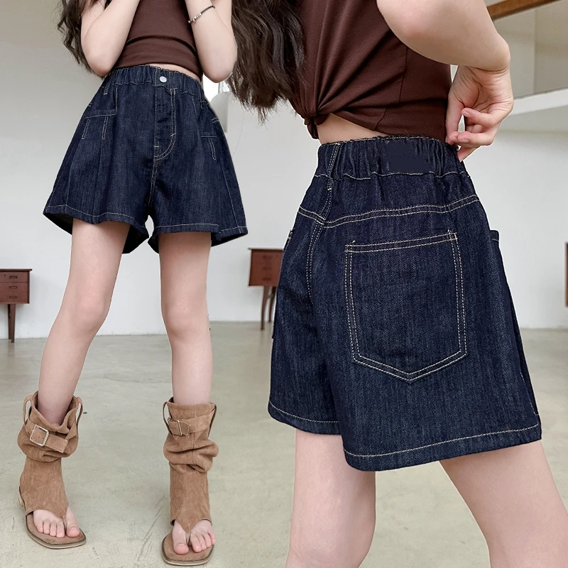 Ladies and children's patchwork pleated denim shorts - dark blue fashionable high waisted A-line loose elastic waist casual shor