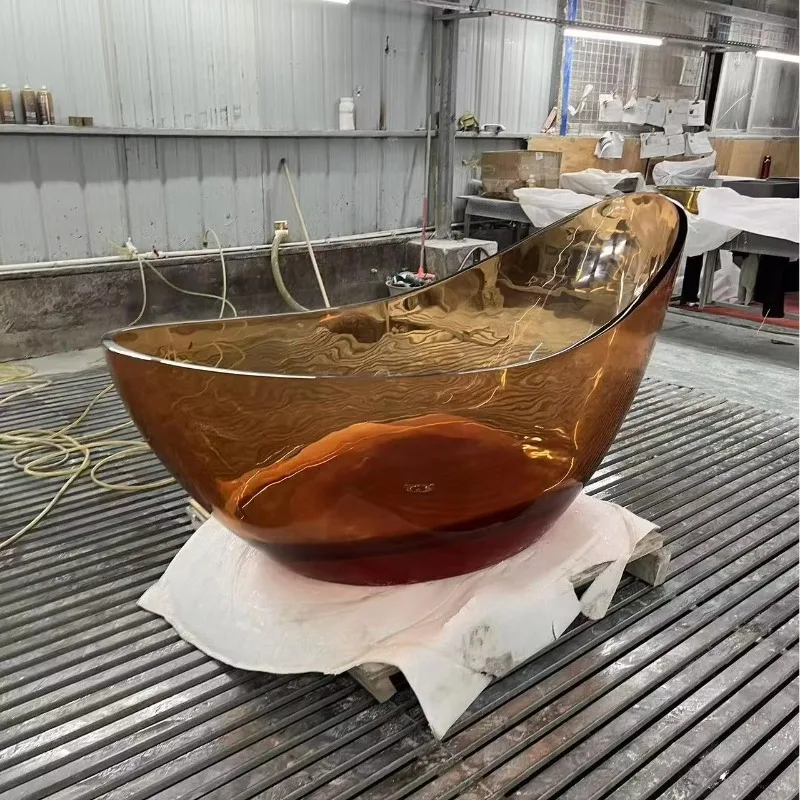 

Customized Color Solid Surface Freestanding Bathroom Modern Moon Shape Bath Tub Drainer Clear Transparent Resin Popular