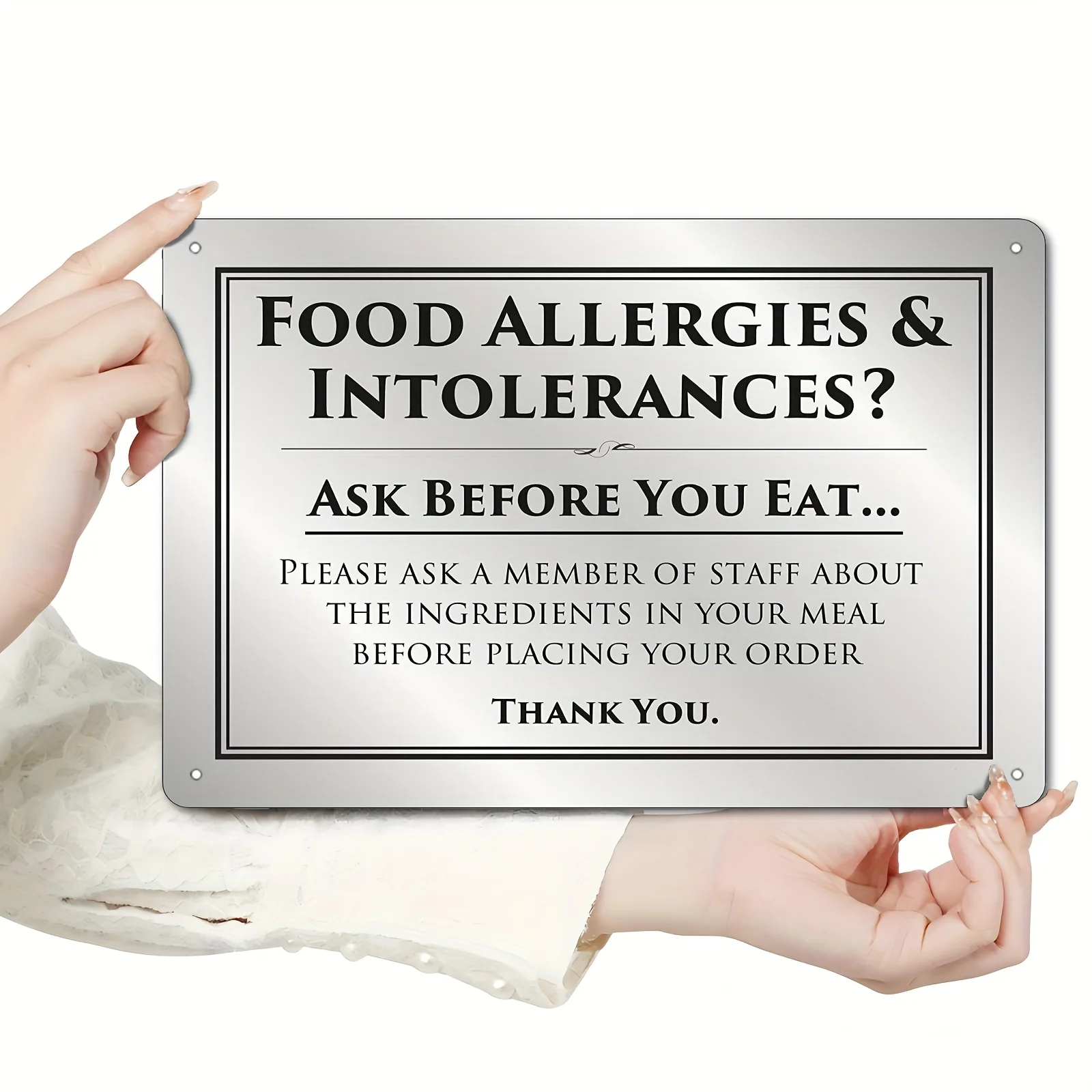 2D Flat, 1pc Tin Sign Food Allergy and Intolerances Safety Sign Notice Allergen Brushed Silvery Metal Plaque Wall Decoration 2D