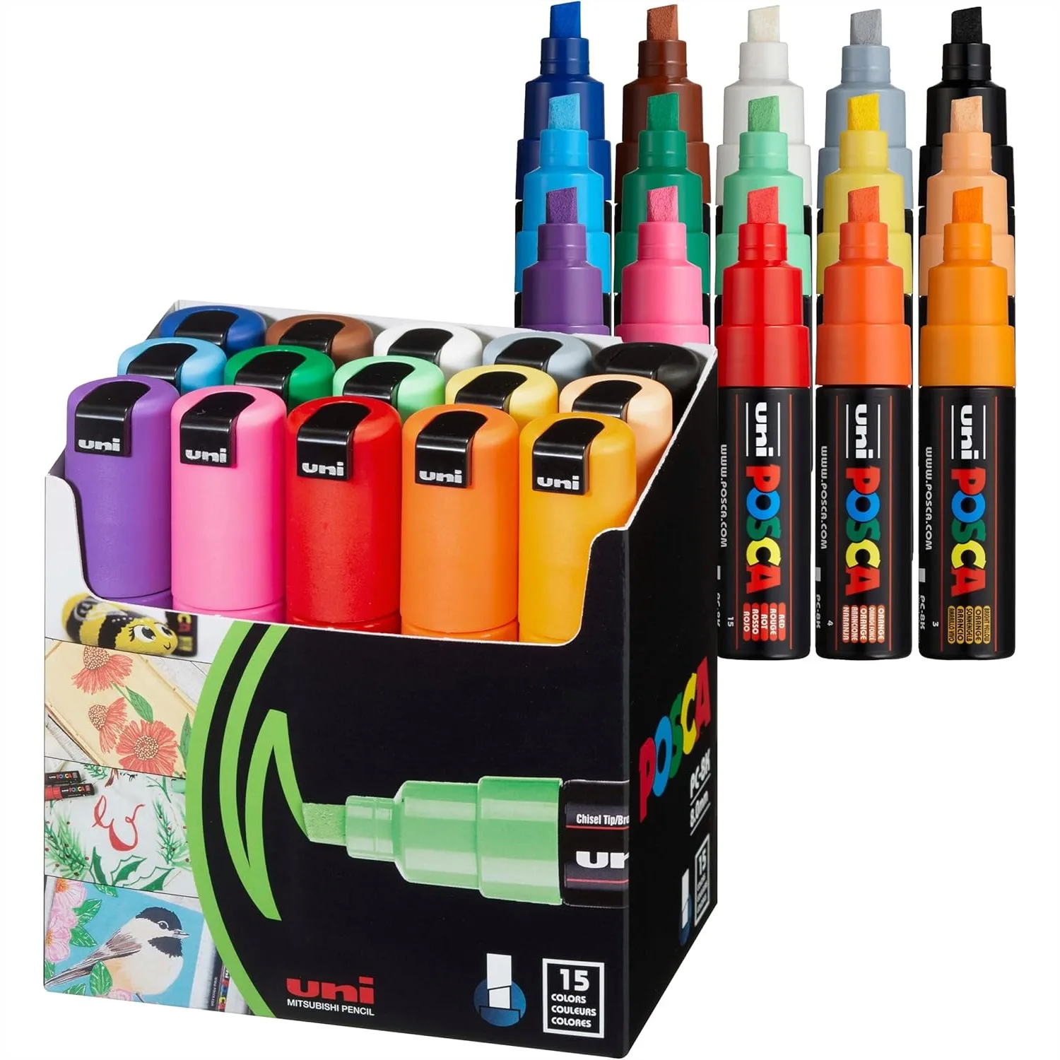 

Acrylic Paint Markers, 8K Broad Bold Chisel Tips, Artist Pens for Fabric Canvas Glass Wood Metal, Set of 15