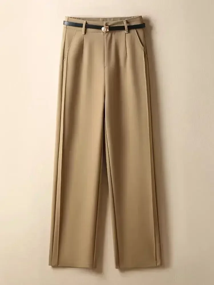Women's Elegant Wide-leg Pants Autumn Solid Khaki Black Casual Straight Office Suit with Belt New Simple Lady Pants
