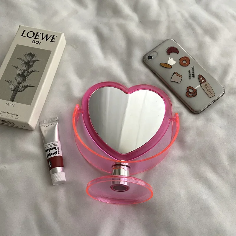 Korean Style Heart Shaped Cosmetic Mirror Acrylic Transparent Base Makeup Mirror Double Side Home Bedroom Desktop Mirror