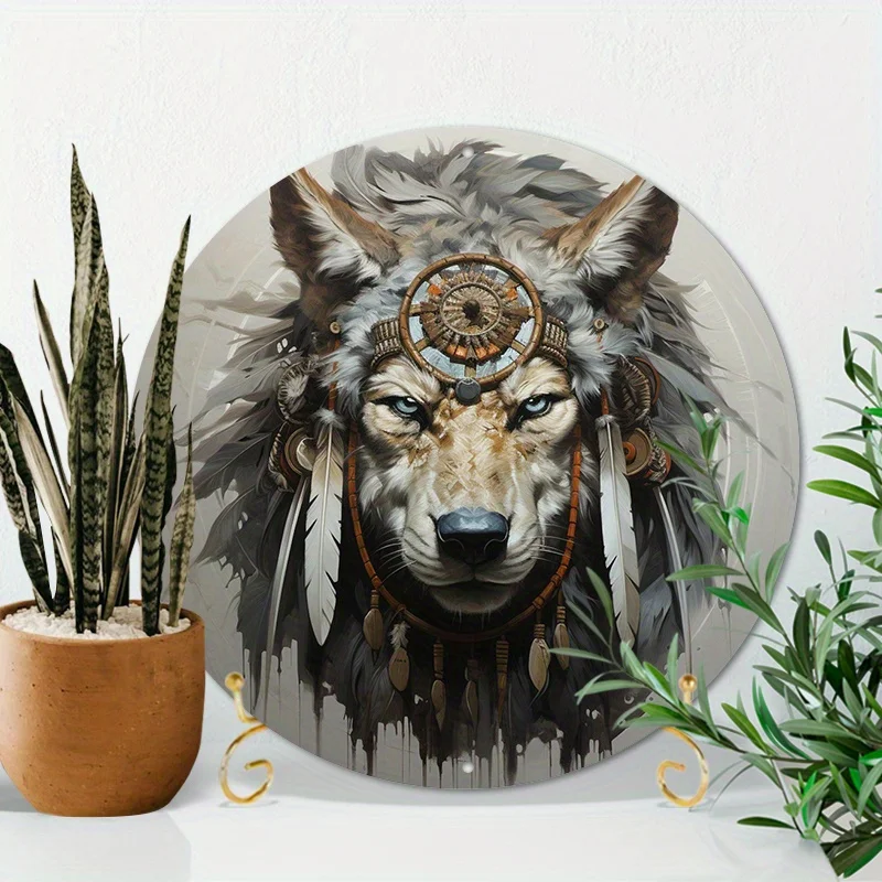 

Wolf Chief Tribal Artwork Round Metal Sign High Durable Weather-Resistant Indoor/Outdoor Decor Vintage Style for Home Bar Garage