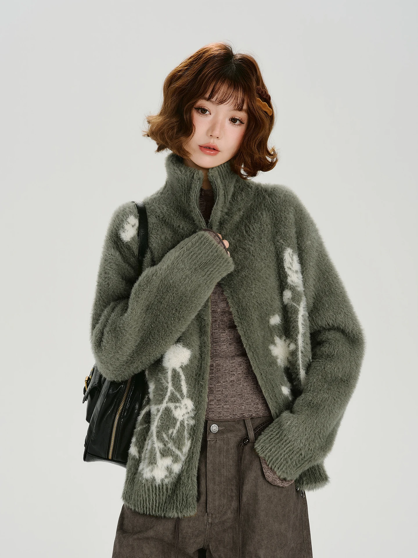 

Girly American Retro High Collar Knitted Sweater Coat Women's Autumn Winter Loose Top Soft And Cozy Long Sve Zipper Cl...