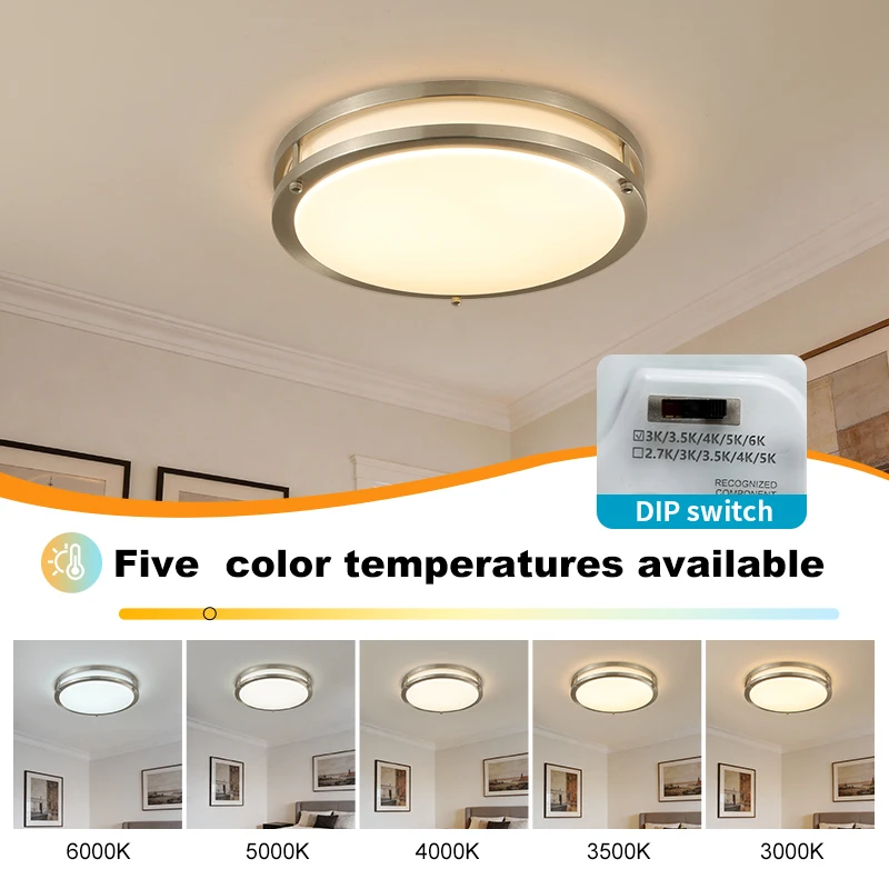 Modern Minimalist 13-inch Dual-Ring LED Flush Mount Ceiling Light ( 2 Pcs), 36W High-Brightness, Dimmable with 5 Selectable Color Temperatures (3000K/ 3500K/ 4000K/ 5000K/ 6000K) — Ideal for Kitchens, Hallways, Bedrooms, and Bathrooms; Features a Round Ni