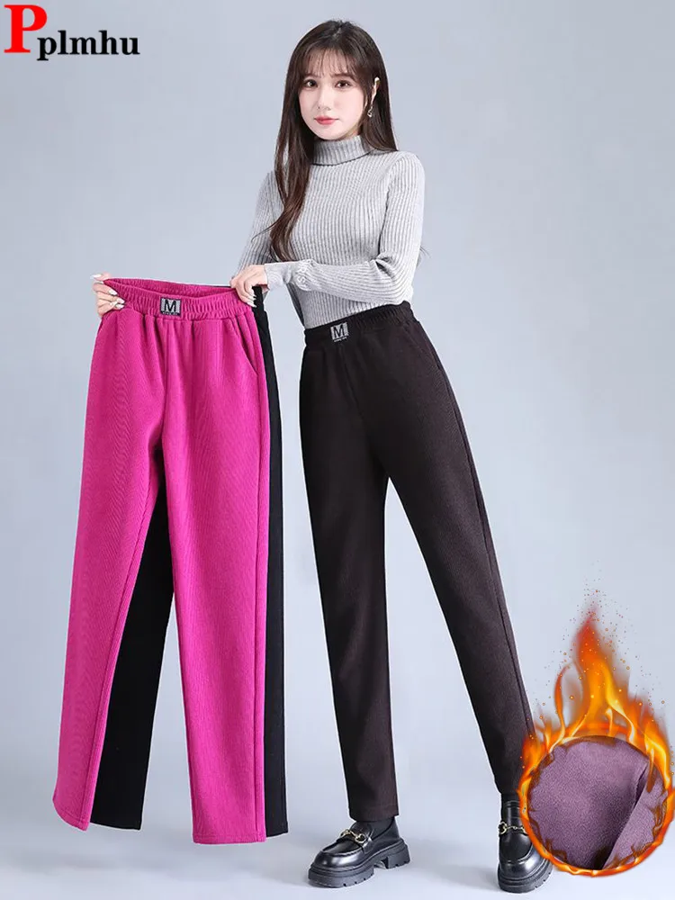 Pantalon en velours côtelé doublé de velours en peluche pour femme, pantalon de survêtement chaud, taille haute, longueur de rinçage, épais,