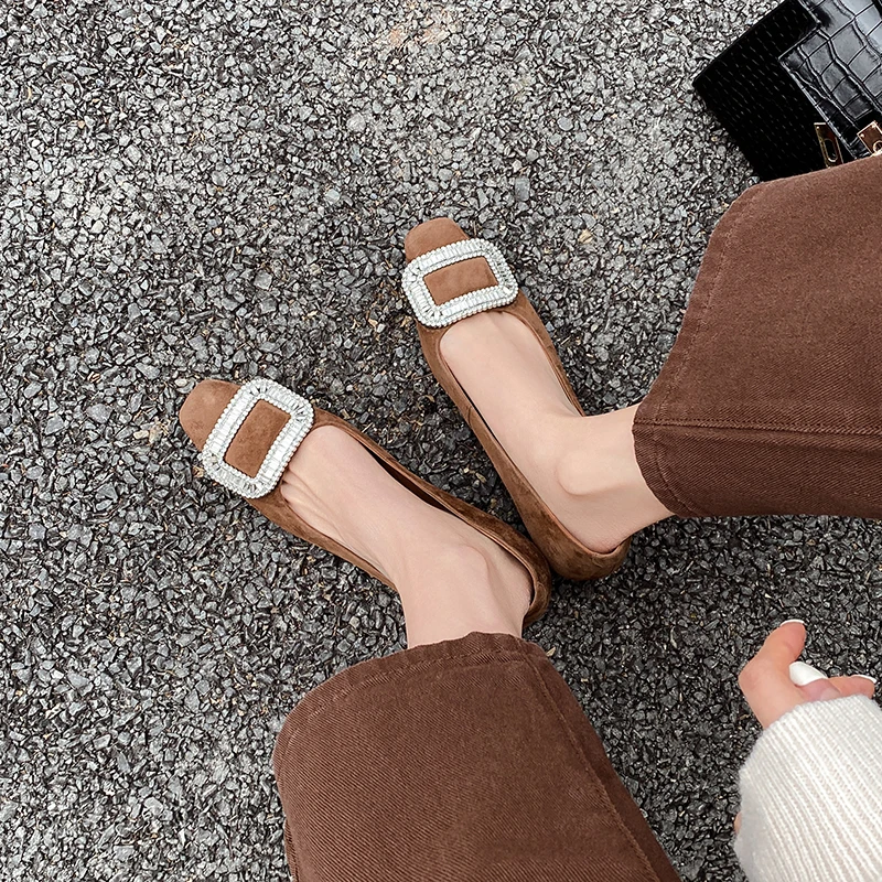 السيدات الباليه الشقق الخريف الأحذية النساء بلورات ساحة تو أحذية بسيطة الأغنام الجلد المدبوغ النساء المتسكعون الربيع الأحذية اليومية #5