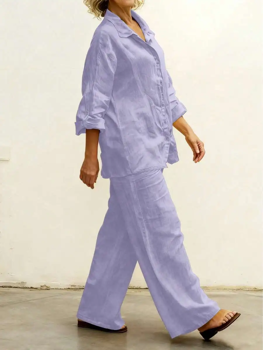

Lightweight Collar Casual Blouse And Loose Pants Two Piece Set Solid Color Soft Comfortable For Spring Summer Autumn