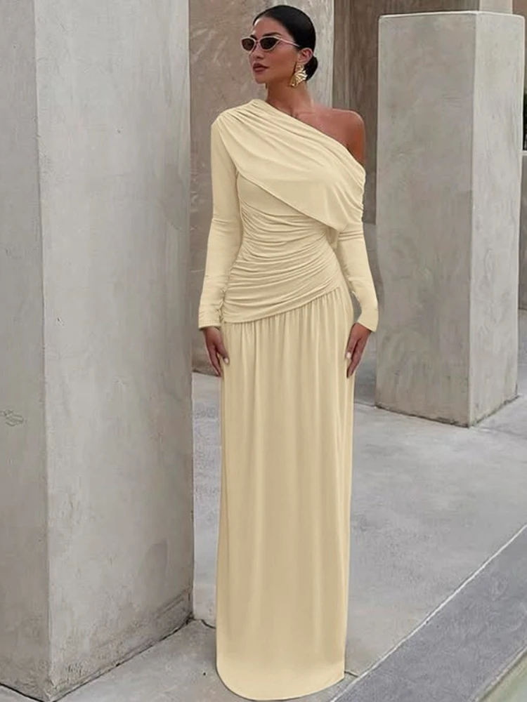 Femme vêtements col diagonale irrégulière longue robe Maxi 2025 automne femme froncé tuniques taille haute solide fête robes de soirée