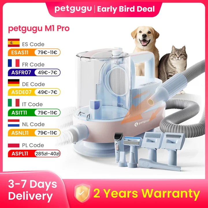 Petgugu M1 PRO Kit d'aspirateur et de soins pour animaux pour chiens avec une capacité de 2,5 litres, grand bac à poussière pour poils d'animaux, brosse pour chien, aspirateur pour poils d'animaux
