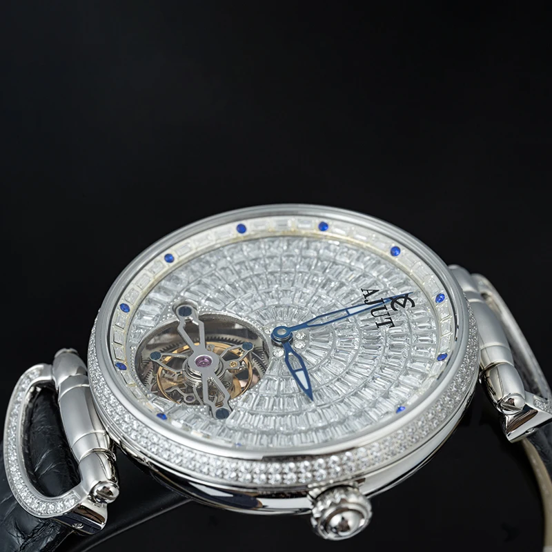 AJUT Automatic Tourbillon Mechanical Man Watch Flying Tourbillon Movement Sapphire Luxury Men Watches Full Diamond Dial 0397