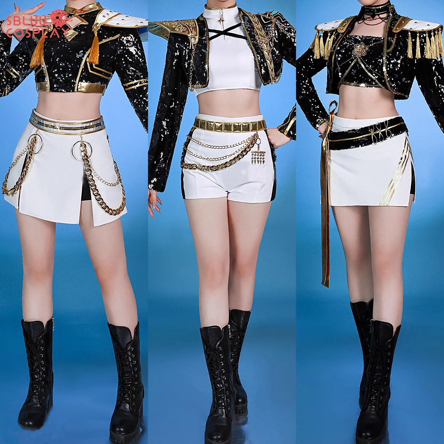 SBluuCosplay Kpop Zoey Mira Rumi Cosplay Huntrix Kostum Pemburu Iblis Wig Gaun Hitam Emas Pakaian Pesta Halloween
