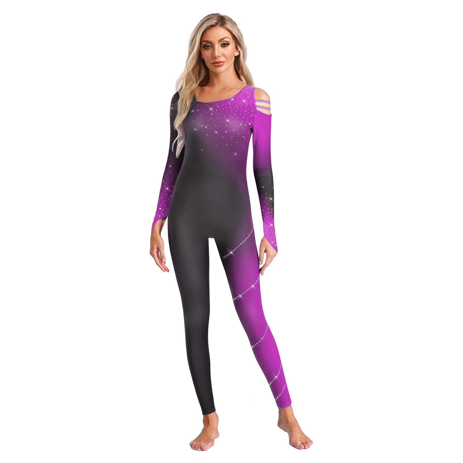 

‌Womens Trendy Gradient Color-Block Jumpsuit with Rhinestones Embellished Lightweight Stretchy for Gymnastics Dance Clothing