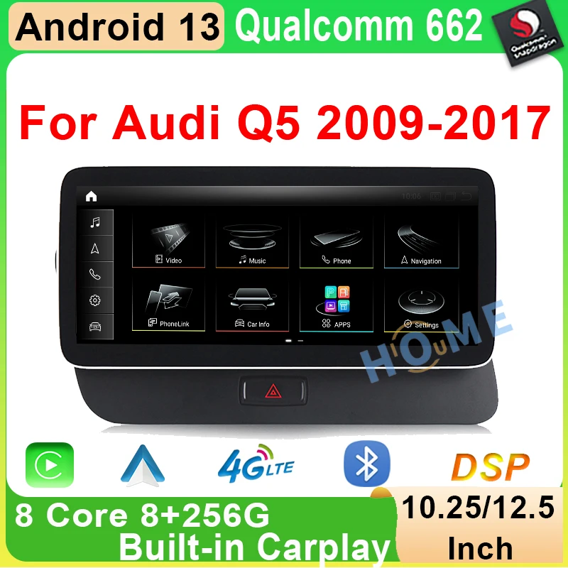 8G+256G Android 13 Qualcomm Wireless Carplay Auto Car Radio For Audi Q5 2009-2017 Stereo DSP 4G Multimedia Player GPS Navigation