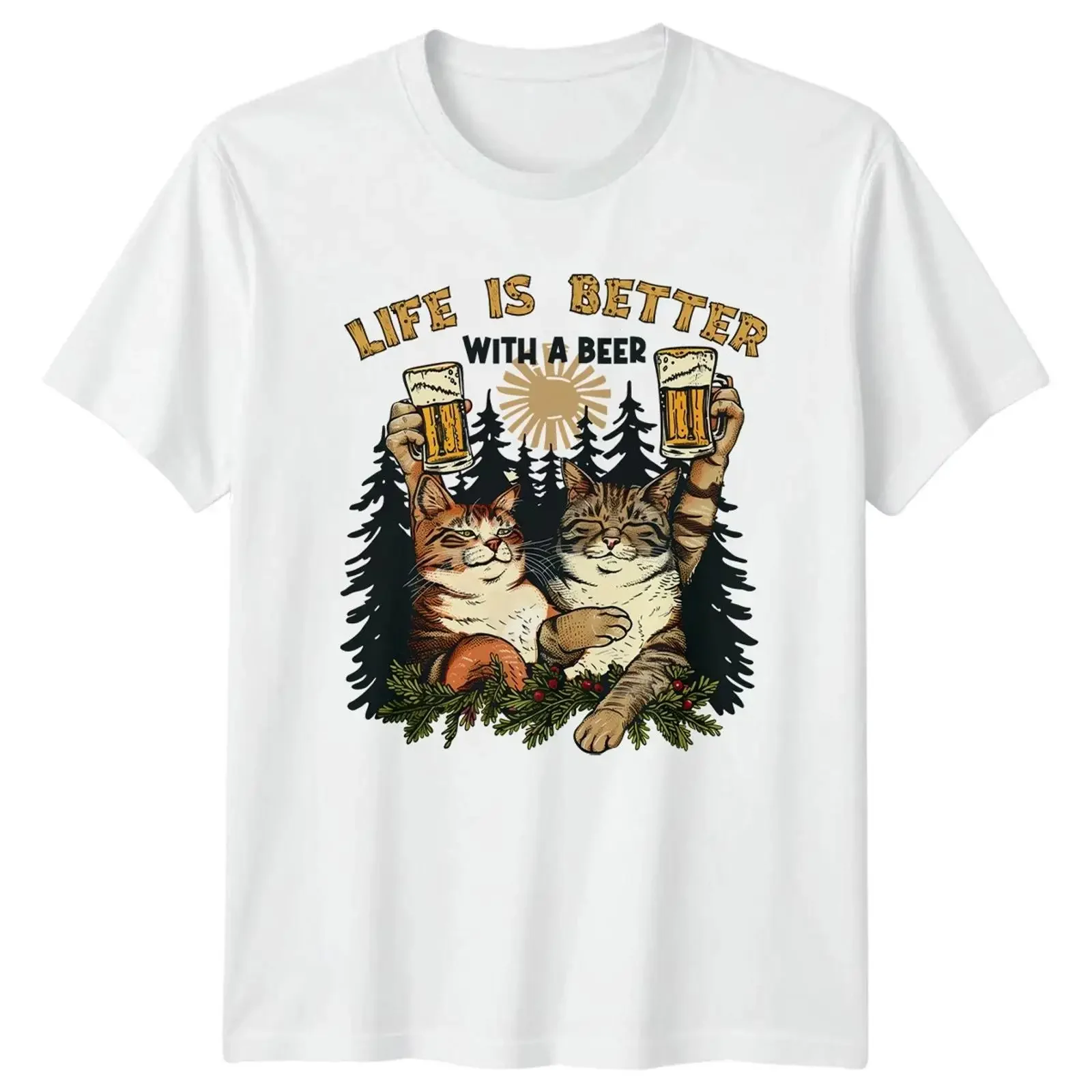 Das Leben ist besser mit einem Bier T Shirt Katzenliebhaber Vatertag Geschenk für Ihn vintage Washed Soft Slightly Breathable