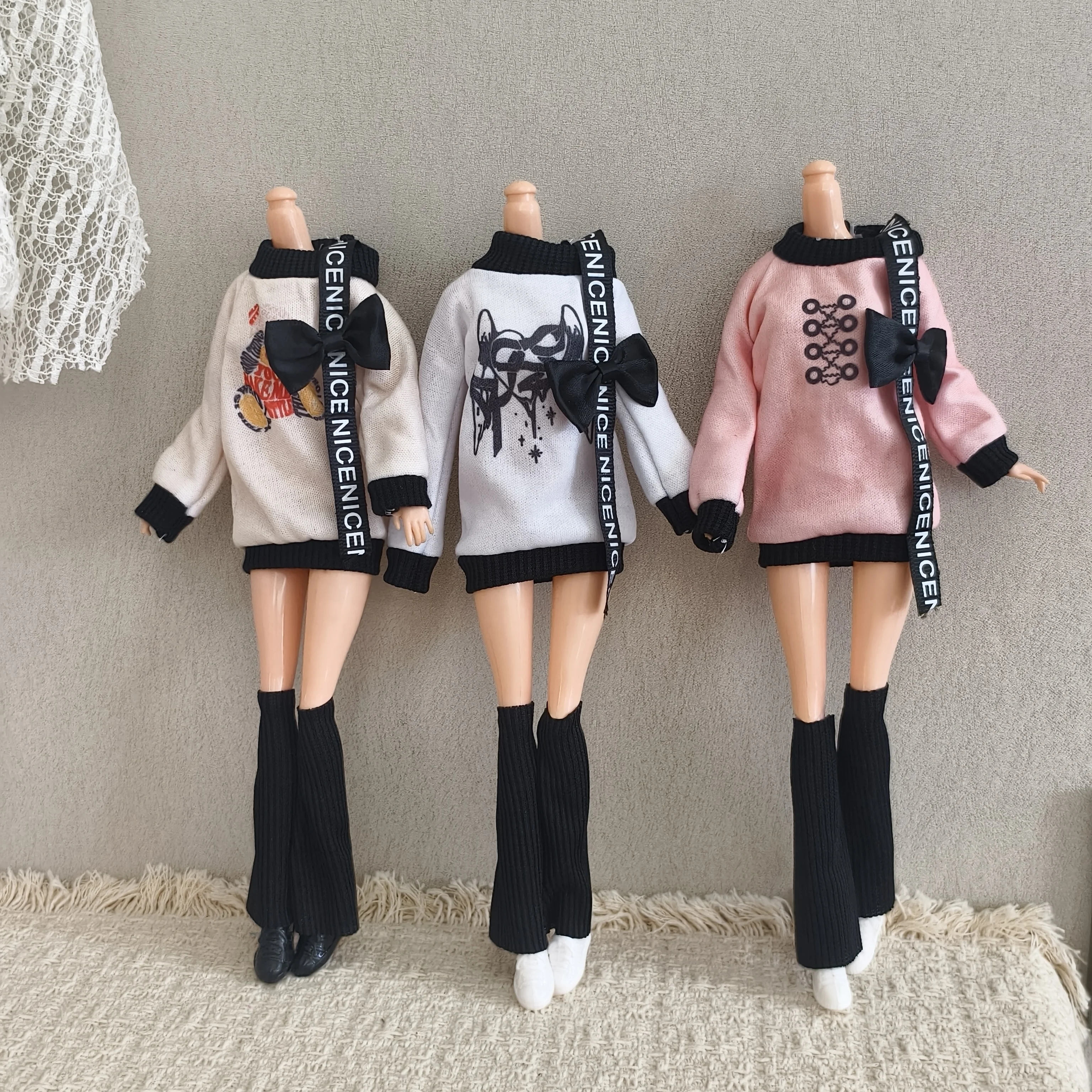 1/6 Doll Clothes Accessories Winter Fashion Bow Hoodie + Foot Covers + Shoes Set For FR 30cm Babi Supermodel Doll Dress Up