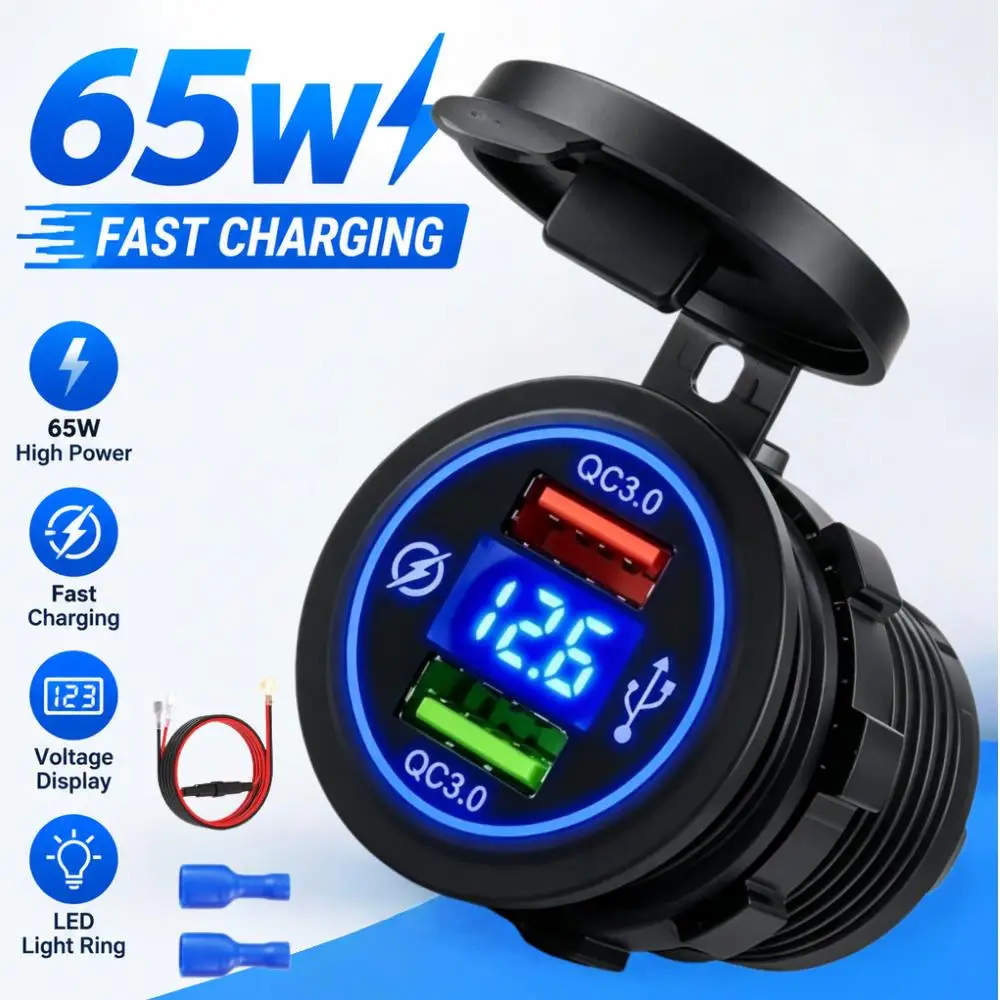 Dual QC3.0 65W USB Car Charger 12-24V LED Light Ring Voltage Display Fast Charging Socket for Car Motorcycle Boat RV 2026 NEW