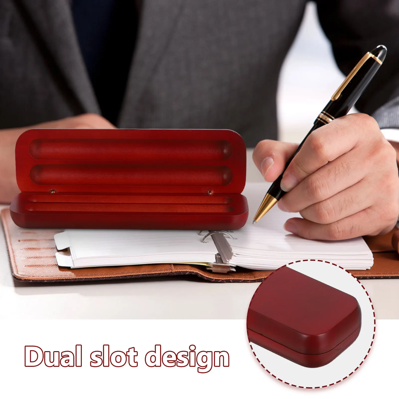Wooden Pen Box with Dual Slots Premium Solid Wood Fountain Pen Case Elegant Red Surface Desktop Display Organizer for Collectors