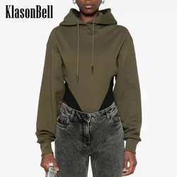 8.31 KlasonBell Women's Fashion Metal Lace-up Decoration Hooded Sweatshirt Bodysuit Contrast Color Spliced Long Sleeve Playsuit