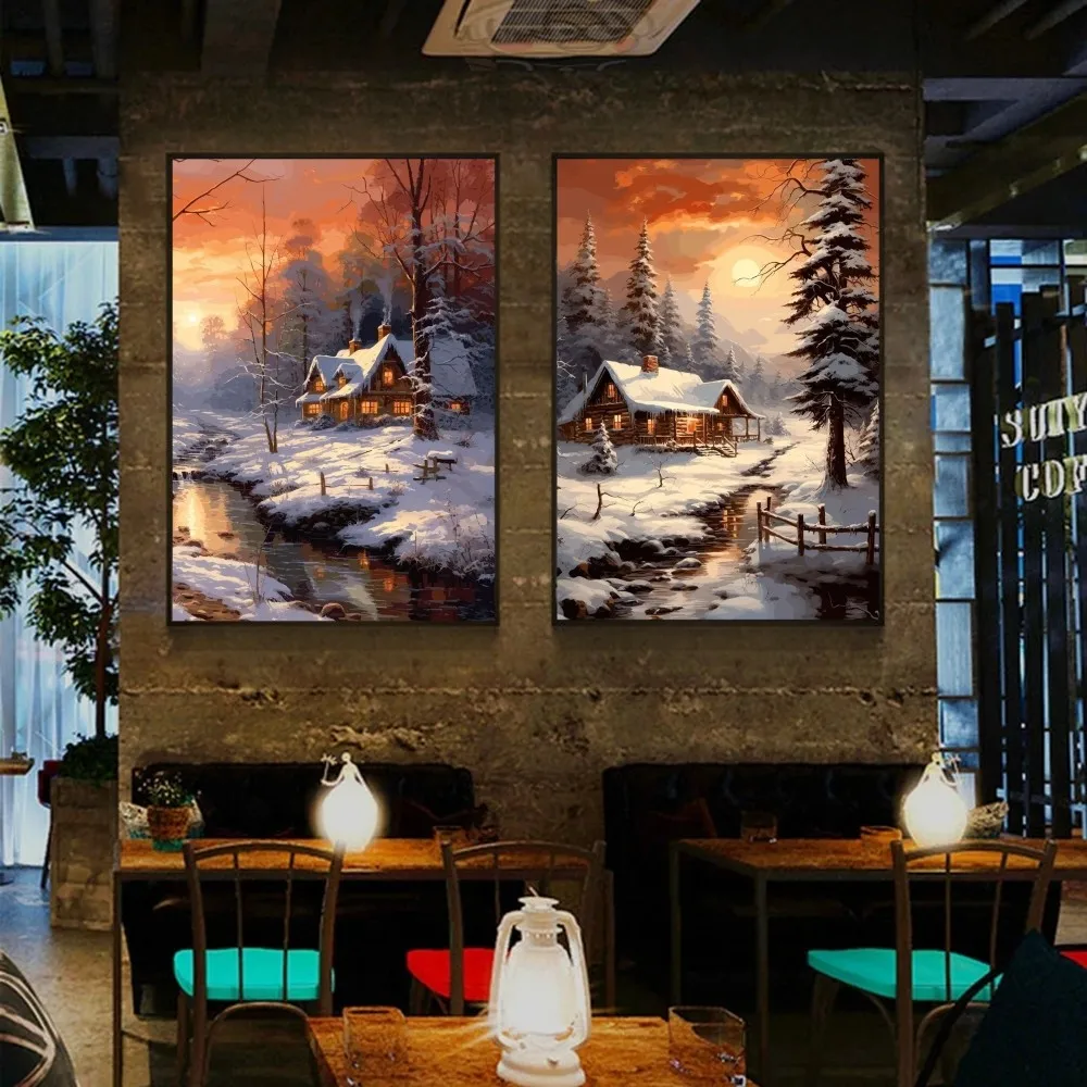 Winter Snow Landscape House River Moon Forest Boat Art Poste Poster Stickers Art Wall Murals Decor Game Room Decor Gifts Kawai