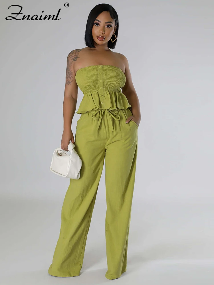 

Znaiml Summer Off Shoulder Strapless Wrapped Chest Top andStraight Leg Pants Two 2 Pieces Women's Green Set Birthday Clubwear