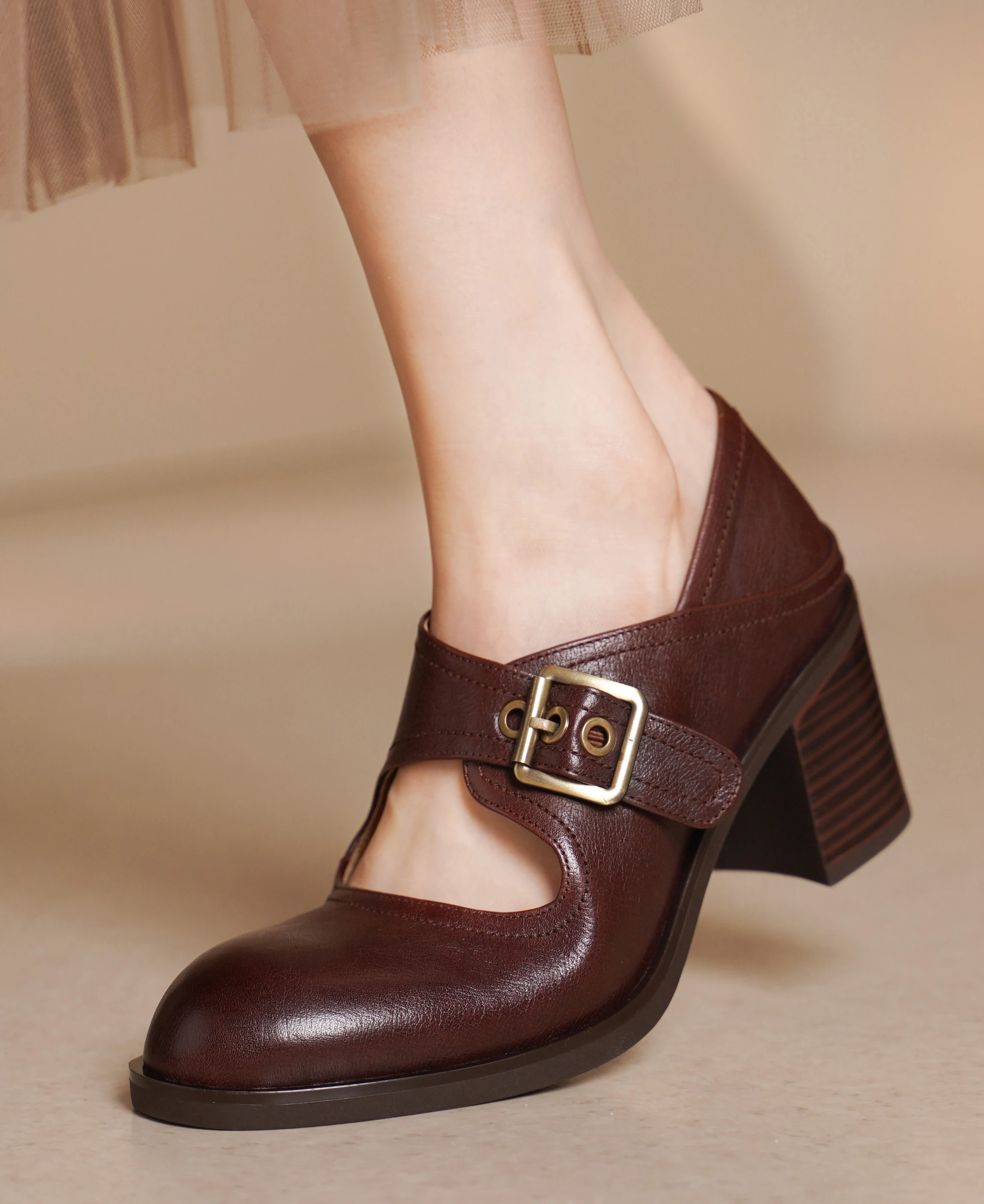 LIHUAMAO Cow Leather wood grain style heel mary jane shoes women's shoes footwear block heel pumps thick heel leather shoes