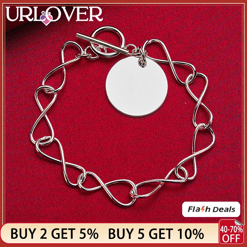 

URLOVER 925 Sterling Silver Round Label Pendant Bracelets For Women Men Bracelet Fine Charm Jewelry Wedding Birthday Party Gift
