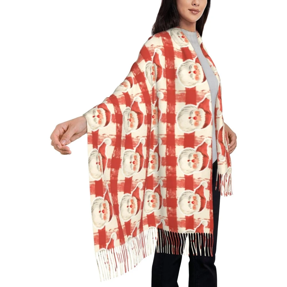 

Merry Christmas Print Scarf Warm for Women Winter Scarf Fashionable Faux Cashmere With Tassels Teddy Bear Snowflake