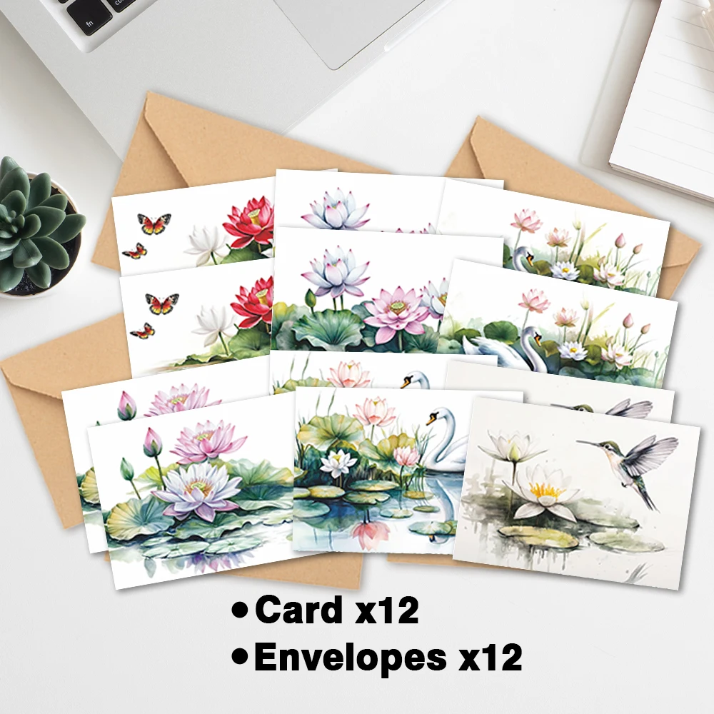 24pcs Watercolor Style Lotus & Animal Greeting Cards Set with Envelopes, DIY Invitation Cards, Multifunctional Fun, Express Love - view 5