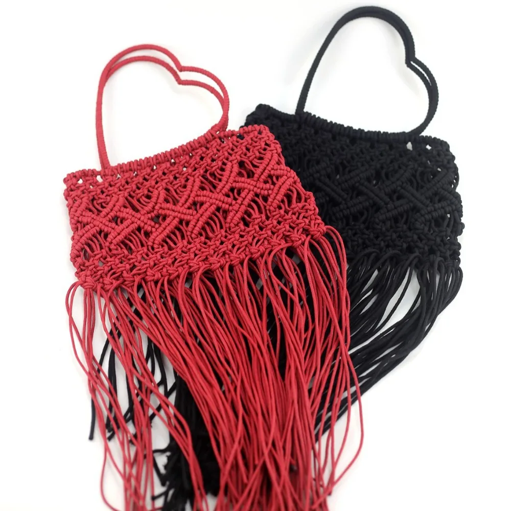 

Handmade Rope Knitting Shoulder Bag Long Tassel Beach Bags for Women Heart Handle Handbag Hollow Crochet Woven Bag Shopper Tote