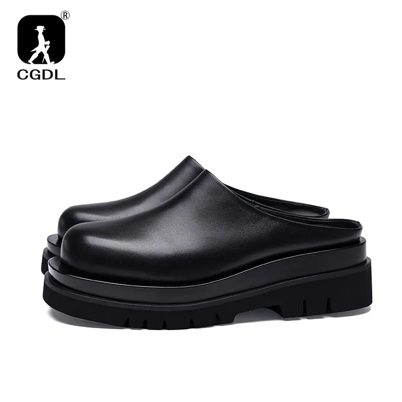 Luxury Leather Platform Man Half Slippers with Heels Genuine Leather 2024 Summer Wedding Business Social Shoes Outside Sandals