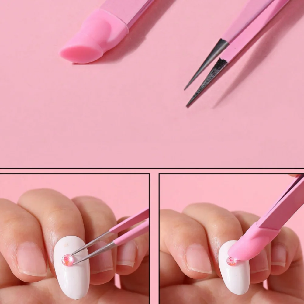 1 قطعة ملاقط فنية للأظافر الوردية اللامعة ، ملقط طرف مدبب عالي الدقة لاختيار ملصقات أحجار الراين الفنية للأظافر