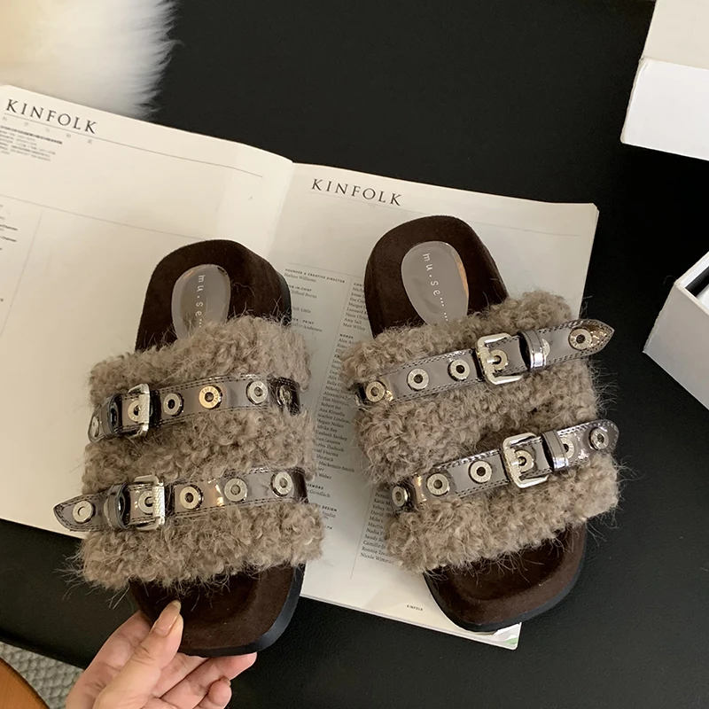 

Woman Furry Ladies Fur Luxury Fluffy Plush Slippers House Soft Fuzzy Platform Indoor Casual Winter Home Warm High Heels Females