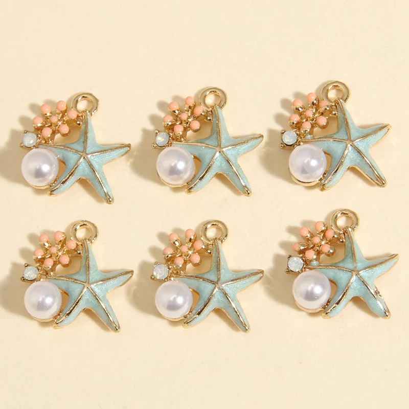 5pcs Gold Color 15x15mm Lovely Enamel Shell Starfish Pearl Flower Charms Sea Pendant Fit DIY Handmade Jewelry Making Supplies