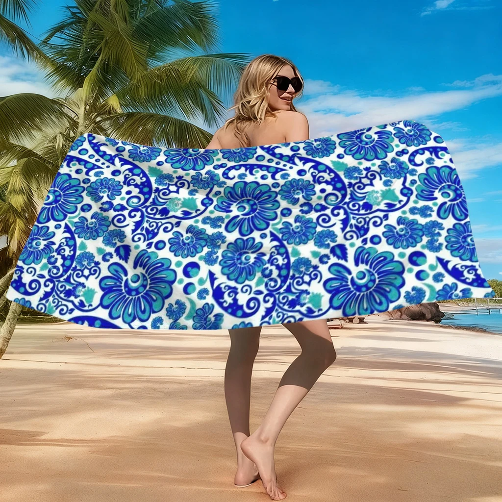 1PC Patterns of Chinese Porcelain Beach Towel Quick-drying Towel Suitable for Seaside Pool Camping Vacation Yoga For Family
