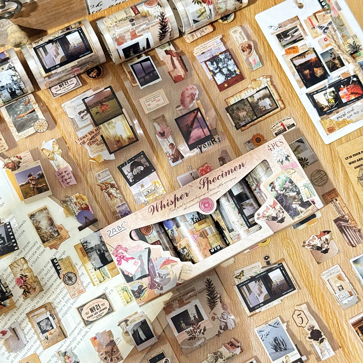 4 Rolls/Box 60mm X 2m Vintage Collage Clear PET Tape, Waterproof Self-Adhesive Multi Pattern for Scrapbooking DIY Craft Decor
