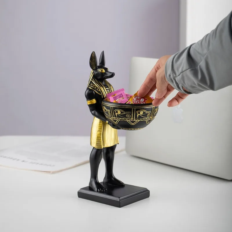 1Pcs Anubis Statue with Bowl Egyptian Sculpture Desktop Entrance Decoration Key Candy Box Resin