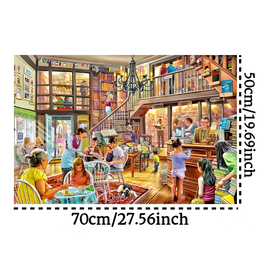 Puzzle per caffè libreria da 1000 pezzi: illustrazione vibrante della libreria accogliente con clienti, scaffali e scale, ideale per adulti e