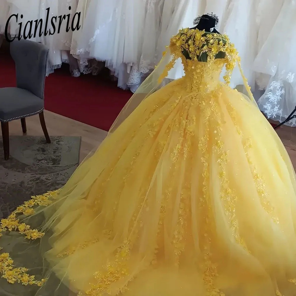 Yellow Quinceanera Dresses Appliques Long Train Flower Sweet 15 16 Years Birthday Party Prom Dress Pageant Miss Gala Custom Made