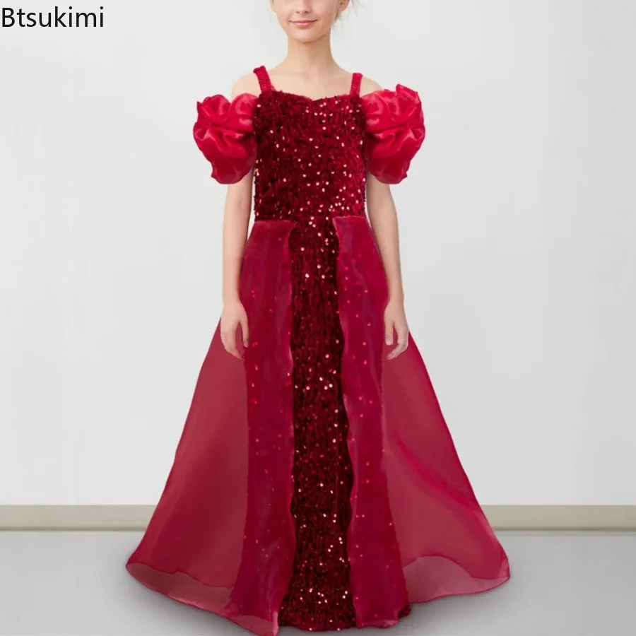 Summer New Girls Elegant Pink Sequin Princess Dress Sleeveless Puff Sleeve Organza Gown with Glittering Sequins Dress for Girl