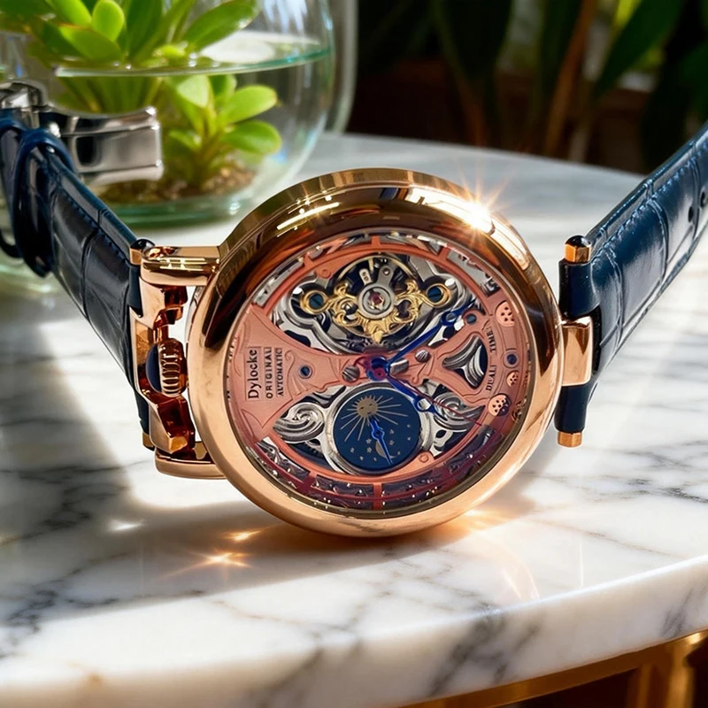 

﻿ Top Luxury Moon Phase Men's Watches Original Mechanical Leather Men Clock Date Week Hollow Tourbillon Automatic Man Watch